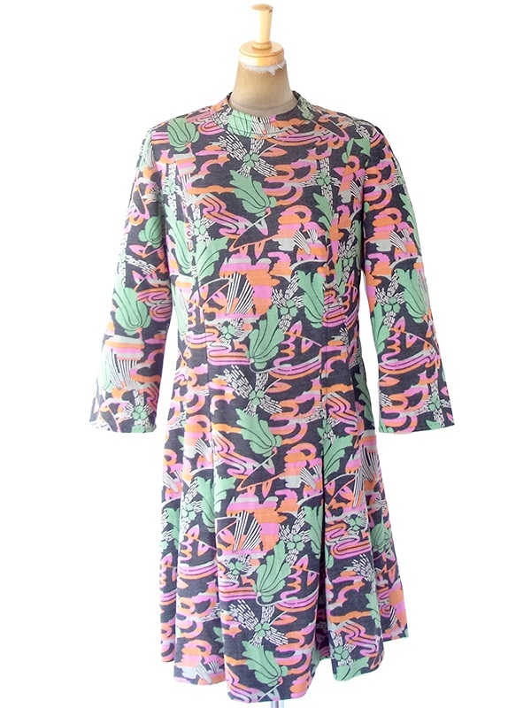 送料無料 60年代フランス製 チャコールグレイ X カラフル レトロサイケ柄 ヴィンテージ ワンピース fc311 ヨーロッパ古着