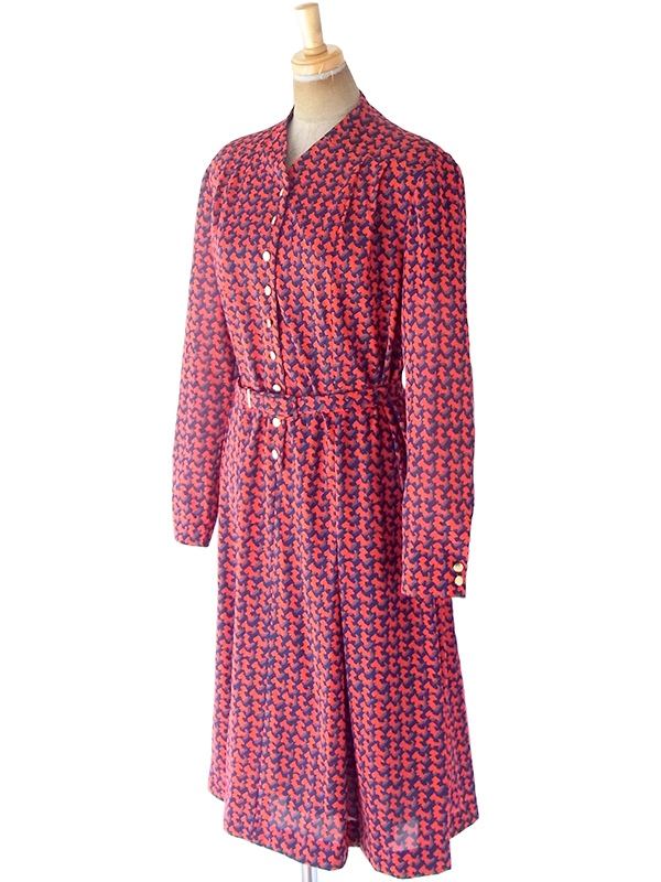 ヨーロッパ古着 フランス買い付け 70年代製 レッド・ネイビー・グレイ レトロ柄 共布ベルト付き ヴィンテージ ワンピース 20FC332