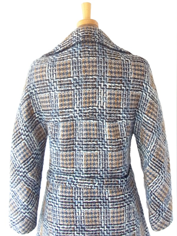 ヨーロッパ古着 フランス買い付け 60年代製 ブルー X ブラウン チェック柄 厚手ウール ツイード コート 20FC403