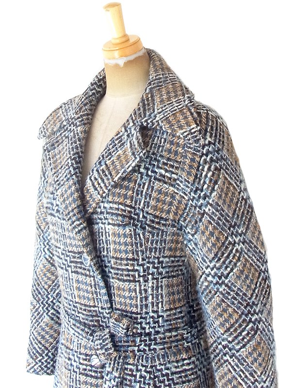 ヨーロッパ古着 フランス買い付け 60年代製 ブルー X ブラウン チェック柄 厚手ウール ツイード コート 20FC403