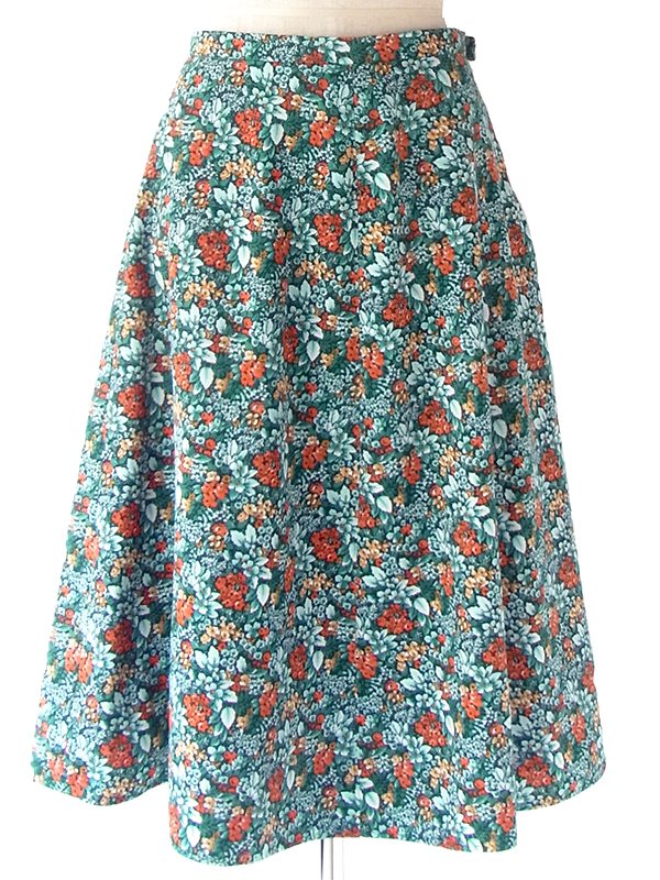 【ヨーロッパ古着】フランス買い付け 70年代製 グリーン X カラフル花柄 ヴィンテージ スカート 20FC414【おとなかわいい】