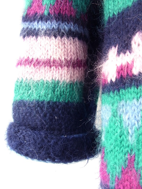 ヨーロッパ古着 フランス買い付け ネイビー X ピンク・パープル・グリーン レトロ柄 モヘア ニット コート 20FC501