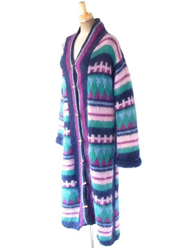 ヨーロッパ古着 フランス買い付け ネイビー X ピンク・パープル・グリーン レトロ柄 モヘア ニット コート 20FC501
