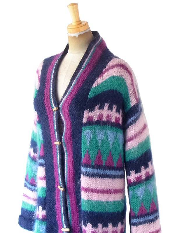 ヨーロッパ古着 フランス買い付け ネイビー X ピンク・パープル・グリーン レトロ柄 モヘア ニット コート 20FC501