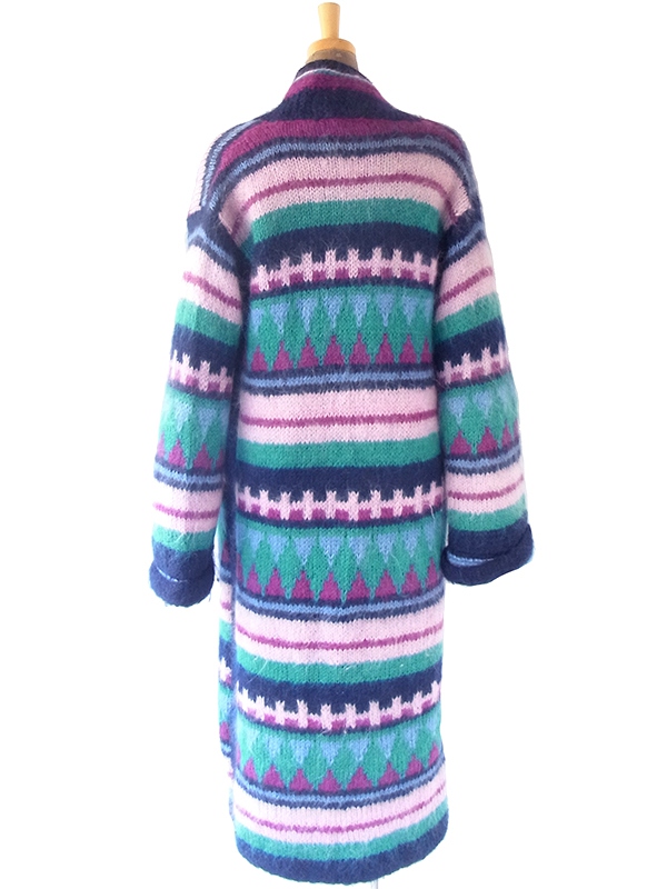 ヨーロッパ古着 フランス買い付け ネイビー X ピンク・パープル・グリーン レトロ柄 モヘア ニット コート 20FC501