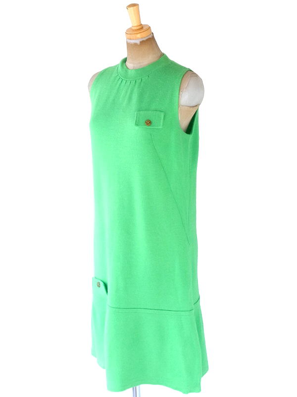 ヨーロッパ古着 フランス買い付け 60年代製 ライムグリーン Aライン ウール ワンピース 20FC504