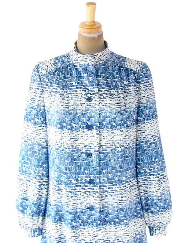 ヨーロッパ古着 フランス買い付け 70年代製 ホワイト X ブルー レトロ柄 ヴィンテージ ワンピース 20FC508