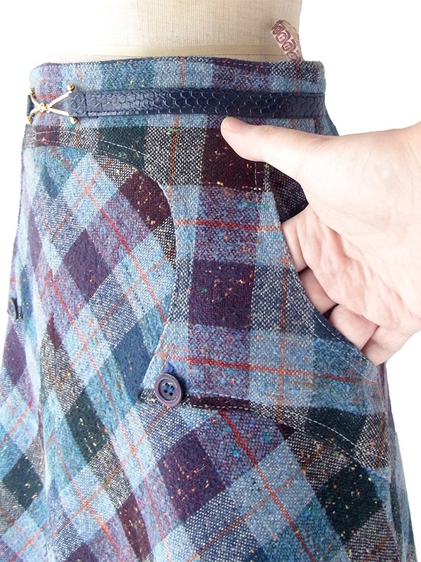 ヨーロッパ古着 フランス買い付け 60年代製 ブルー X パープル・グレイ タータンチェック ポケット付き スカート 20FC517