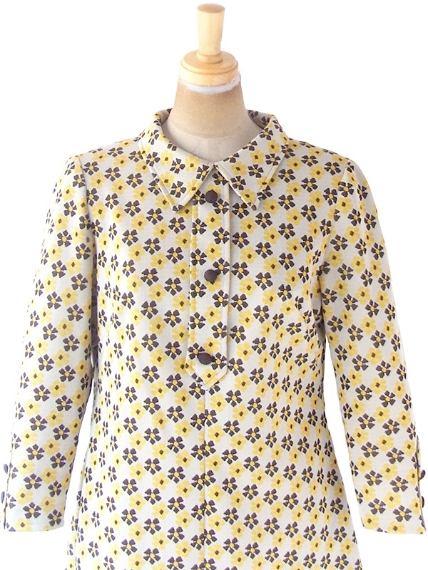 ヨーロッパ古着 フランス買い付け 70年代製 ライトグレイ X イエロー・ブラウン 花柄 Aライン ワンピース 20FC601