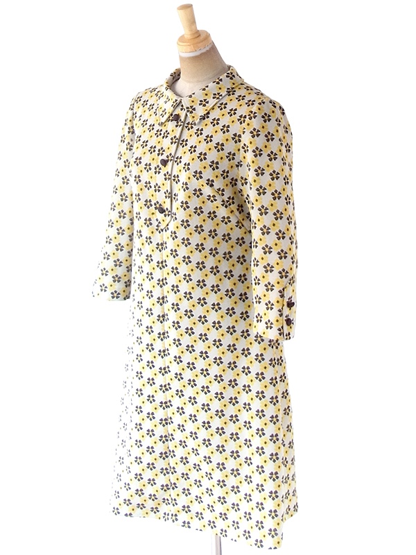 ヨーロッパ古着 フランス買い付け 70年代製 ライトグレイ X イエロー・ブラウン 花柄 Aライン ワンピース 20FC601