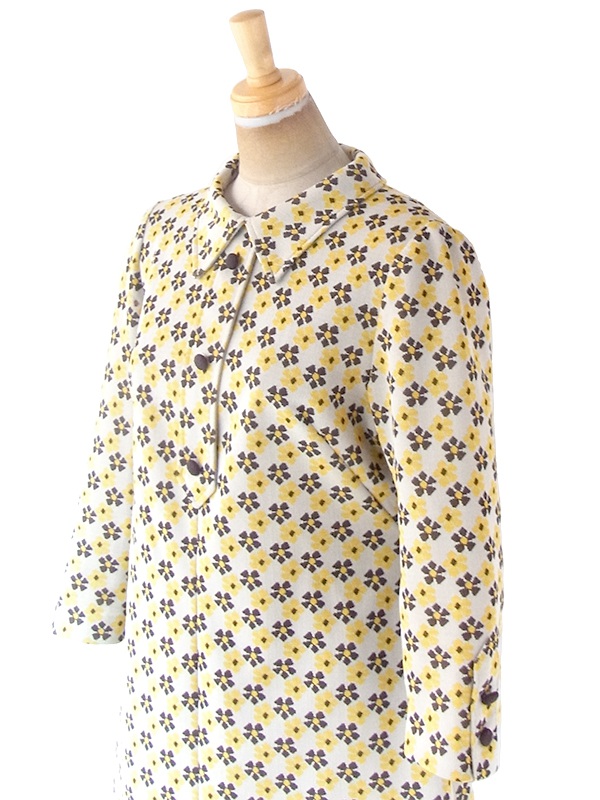 ヨーロッパ古着 フランス買い付け 70年代製 ライトグレイ X イエロー・ブラウン 花柄 Aライン ワンピース 20FC601