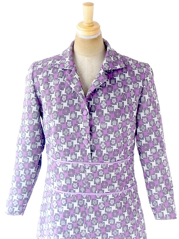 ヨーロッパ古着 フランス買い付け 70年代製 グレイ X パープル ライニング レトロ柄 ヴィンテージ ワンピース 20FC603