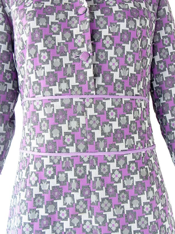 ヨーロッパ古着 フランス買い付け 70年代製 グレイ X パープル ライニング レトロ柄 ヴィンテージ ワンピース 20FC603