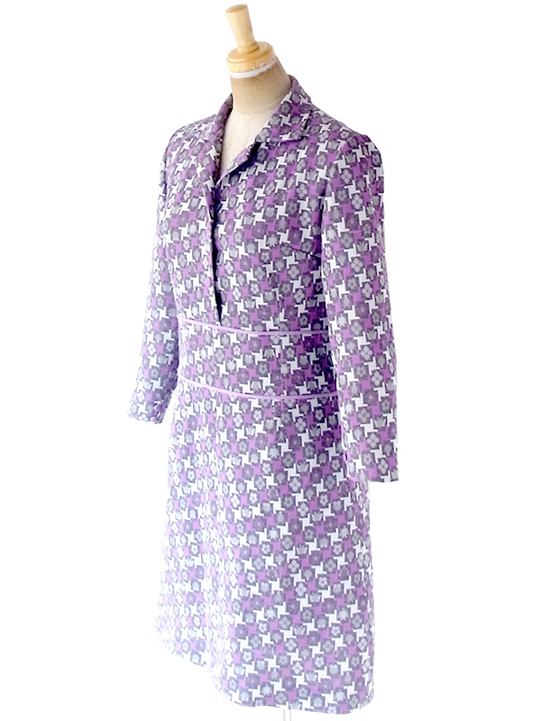 ヨーロッパ古着 フランス買い付け 70年代製 グレイ X パープル ライニング レトロ柄 ヴィンテージ ワンピース 20FC603