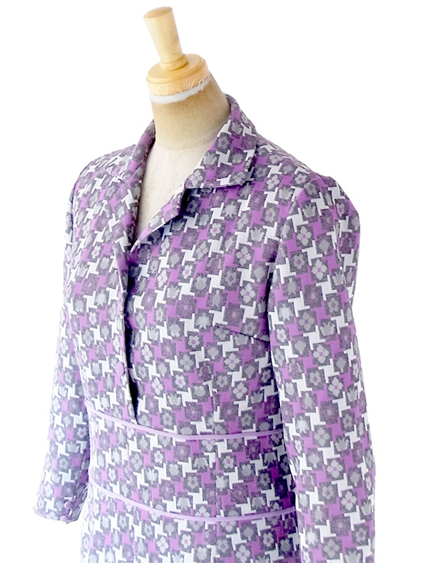 ヨーロッパ古着 フランス買い付け 70年代製 グレイ X パープル ライニング レトロ柄 ヴィンテージ ワンピース 20FC603