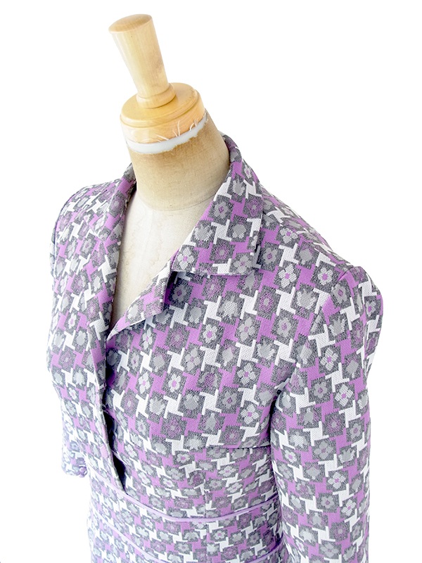 ヨーロッパ古着 フランス買い付け 70年代製 グレイ X パープル ライニング レトロ柄 ヴィンテージ ワンピース 20FC603