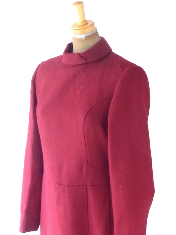 ヨーロッパ古着 フランス買い付け 60年代製 バーガンディー X ファネルネック ヴィンテージ ウール ワンピース 20FC606