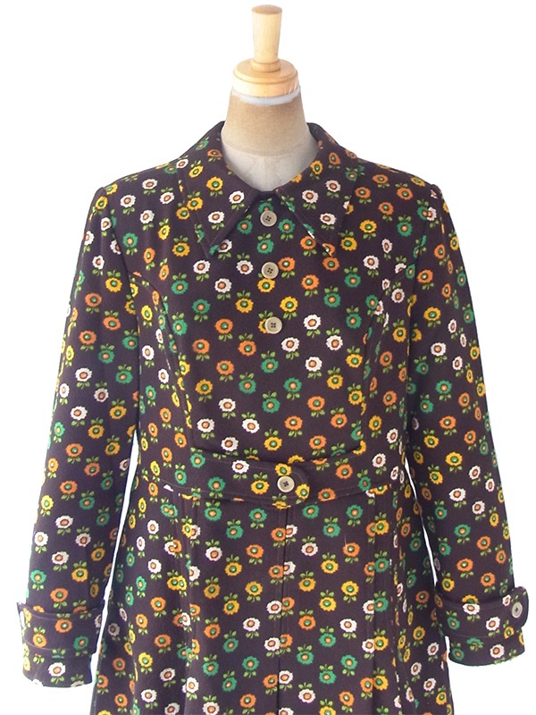 ヨーロッパ古着 フランス買い付け 70年代製 ブラウン X カラフル花柄 ベルト風デザイン レトロ ワンピース 20FC612