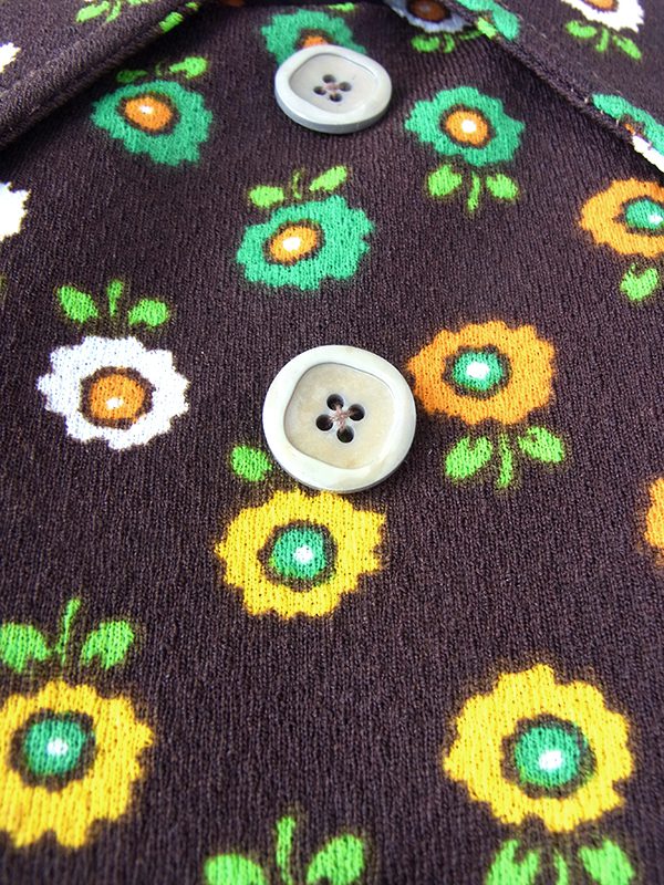 ヨーロッパ古着 フランス買い付け 70年代製 ブラウン X カラフル花柄 ベルト風デザイン レトロ ワンピース 20FC612