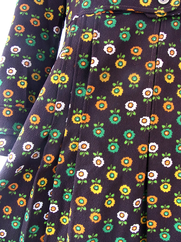 ヨーロッパ古着 フランス買い付け 70年代製 ブラウン X カラフル花柄 ベルト風デザイン レトロ ワンピース 20FC612