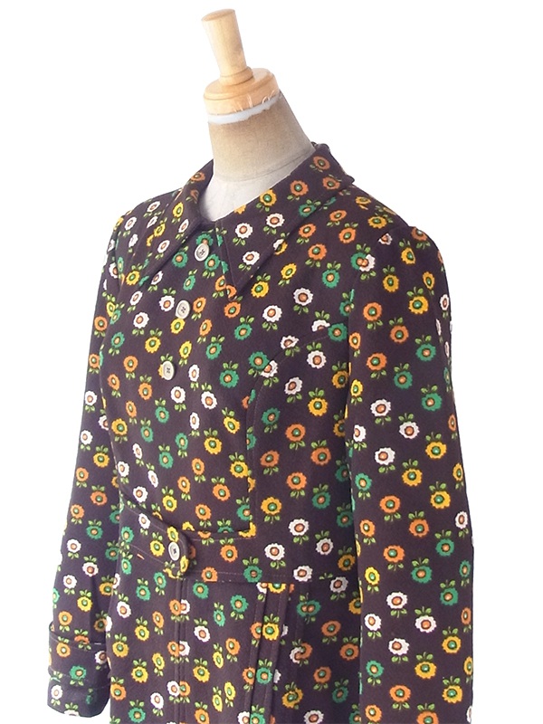 ヨーロッパ古着 フランス買い付け 70年代製 ブラウン X カラフル花柄 ベルト風デザイン レトロ ワンピース 20FC612