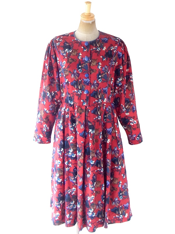 ヨーロッパ古着 フランス製 レッド X カラフル花柄 ブルーパイピング ヴィンテージ プリーツ ワンピース 20FC613