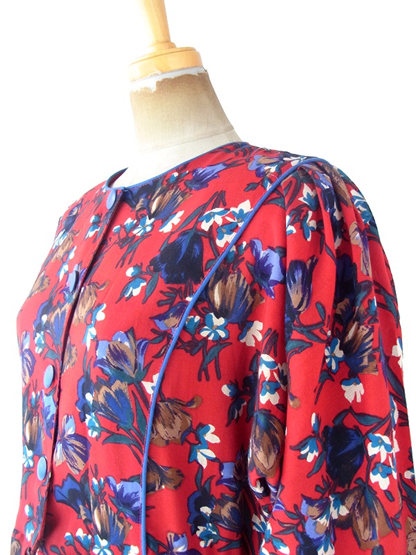 ヨーロッパ古着 フランス製 レッド X カラフル花柄 ブルーパイピング ヴィンテージ プリーツ ワンピース 20FC613