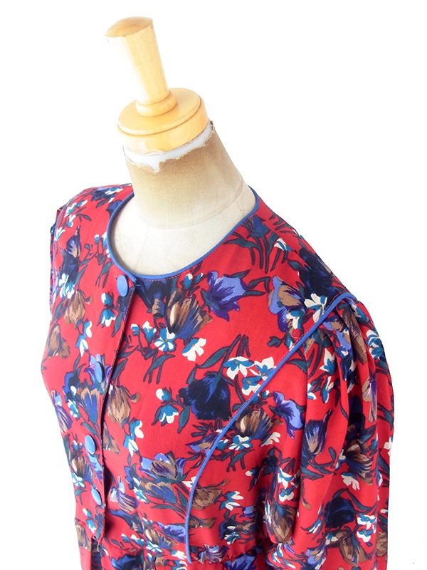 ヨーロッパ古着 フランス製 レッド X カラフル花柄 ブルーパイピング ヴィンテージ プリーツ ワンピース 20FC613