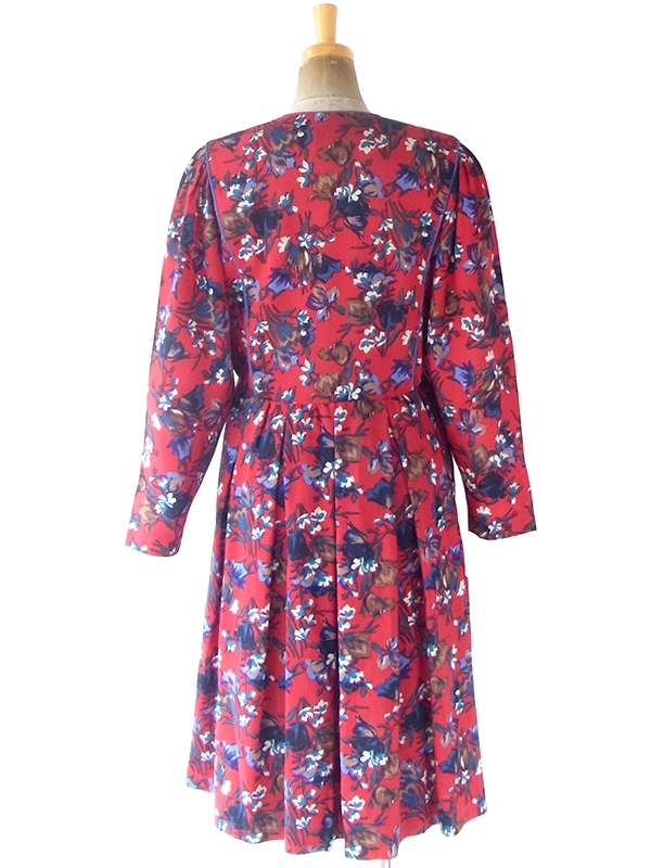 ヨーロッパ古着 フランス製 レッド X カラフル花柄 ブルーパイピング ヴィンテージ プリーツ ワンピース 20FC613