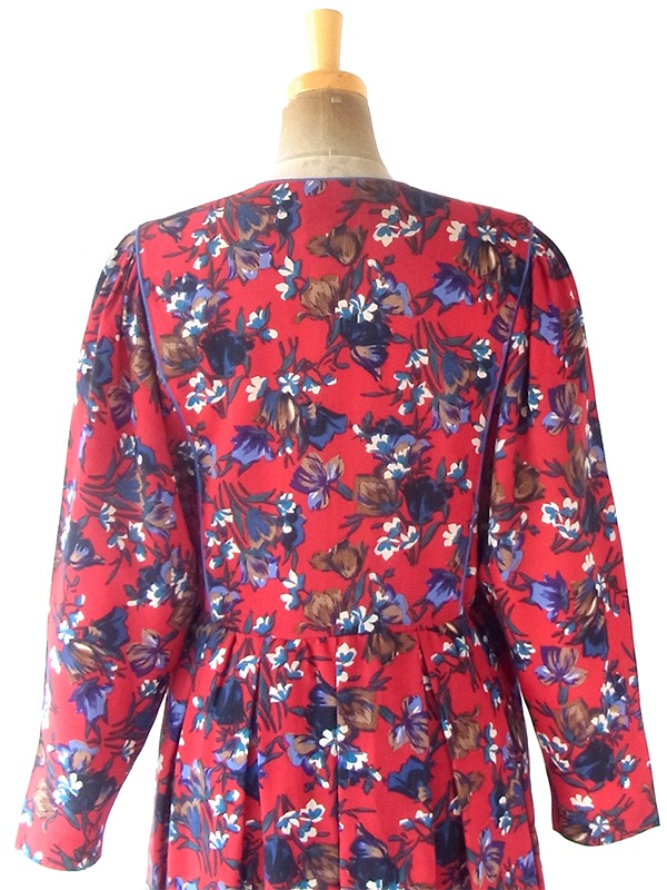 ヨーロッパ古着 フランス製 レッド X カラフル花柄 ブルーパイピング ヴィンテージ プリーツ ワンピース 20FC613