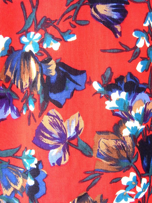 ヨーロッパ古着 フランス製 レッド X カラフル花柄 ブルーパイピング ヴィンテージ プリーツ ワンピース 20FC613