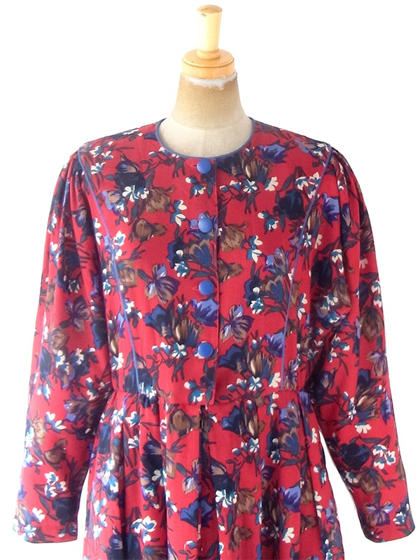 ヨーロッパ古着 フランス製 レッド X カラフル花柄 ブルーパイピング ヴィンテージ プリーツ ワンピース 20FC613