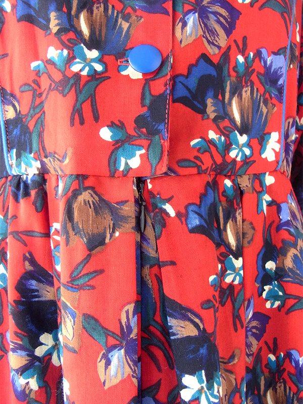 ヨーロッパ古着 フランス製 レッド X カラフル花柄 ブルーパイピング ヴィンテージ プリーツ ワンピース 20FC613