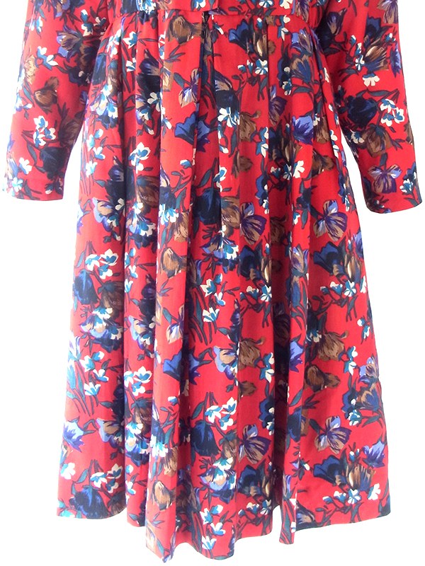 ヨーロッパ古着 フランス製 レッド X カラフル花柄 ブルーパイピング ヴィンテージ プリーツ ワンピース 20FC613