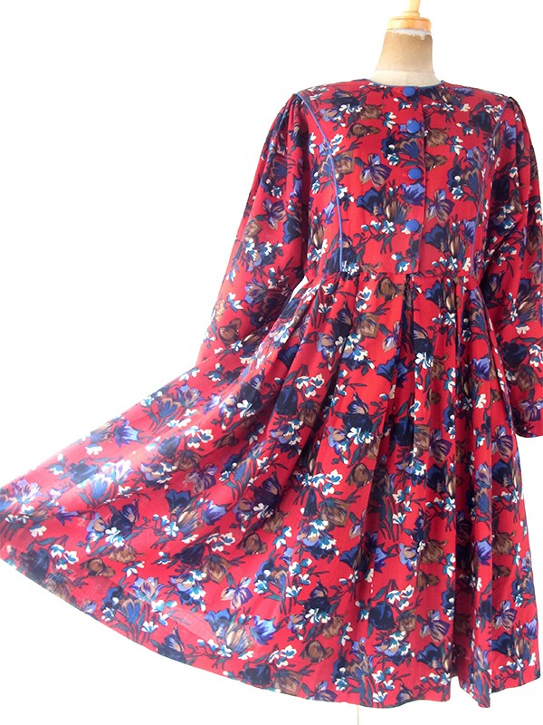 ヨーロッパ古着 フランス製 レッド X カラフル花柄 ブルーパイピング ヴィンテージ プリーツ ワンピース 20FC613
