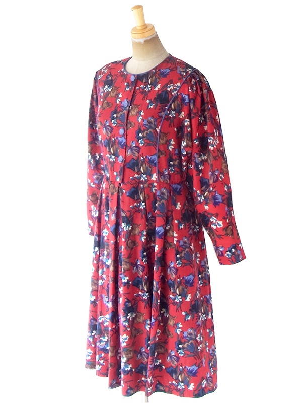 ヨーロッパ古着 フランス製 レッド X カラフル花柄 ブルーパイピング ヴィンテージ プリーツ ワンピース 20FC613