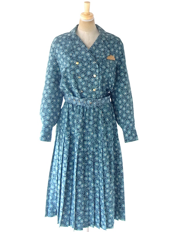 ヨーロッパ古着 フランス買い付け 70年代製 ターコイズブルー X ブラック ポケットチーフ・共布ベルト付き ワンピース 20FC614