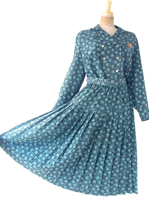 ヨーロッパ古着 フランス買い付け 70年代製 ターコイズブルー X ブラック ポケットチーフ・共布ベルト付き ワンピース 20FC614