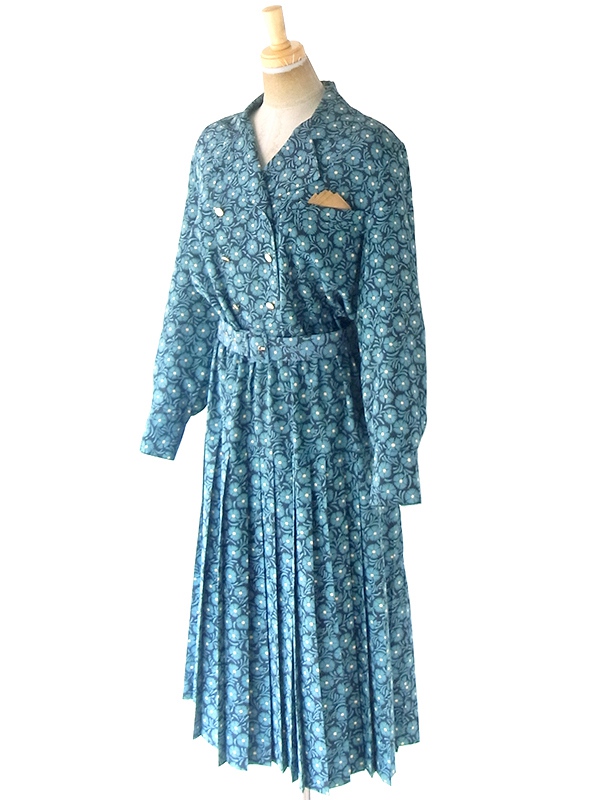 ヨーロッパ古着 フランス買い付け 70年代製 ターコイズブルー X ブラック ポケットチーフ・共布ベルト付き ワンピース 20FC614