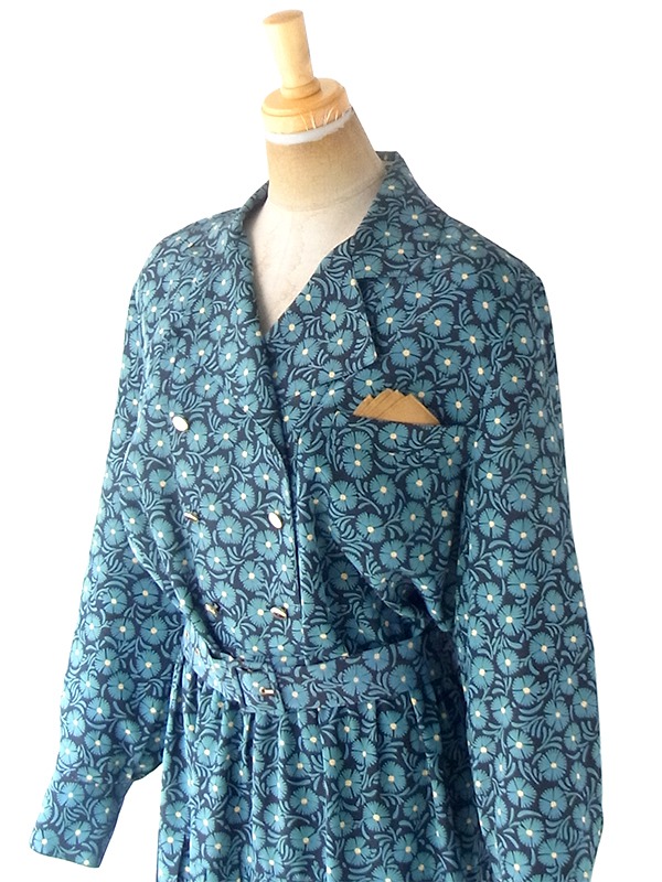 ヨーロッパ古着 フランス買い付け 70年代製 ターコイズブルー X ブラック ポケットチーフ・共布ベルト付き ワンピース 20FC614