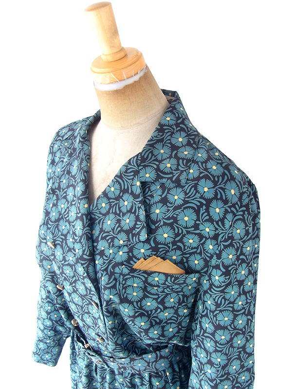 ヨーロッパ古着 フランス買い付け 70年代製 ターコイズブルー X ブラック ポケットチーフ・共布ベルト付き ワンピース 20FC614