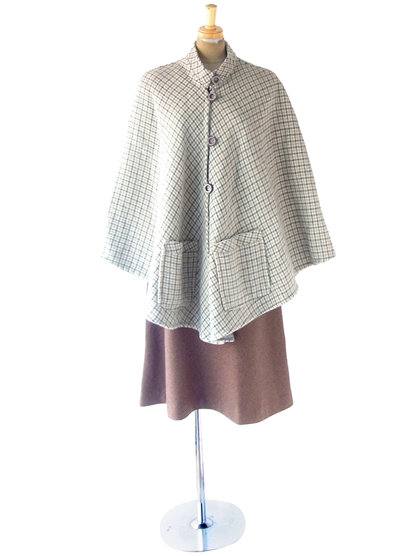 ヨーロッパ古着 フランス買い付け 60年代製 グリーン X ベージュ チェック柄 ポケット付き ウール ポンチョ 20FC617