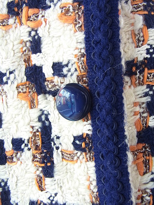 フランス買い付け 60年代製 アイボリー X ブルー・オレンジ チェック柄 ツイード ウール ジャケット スカート セットアップ 20FC700