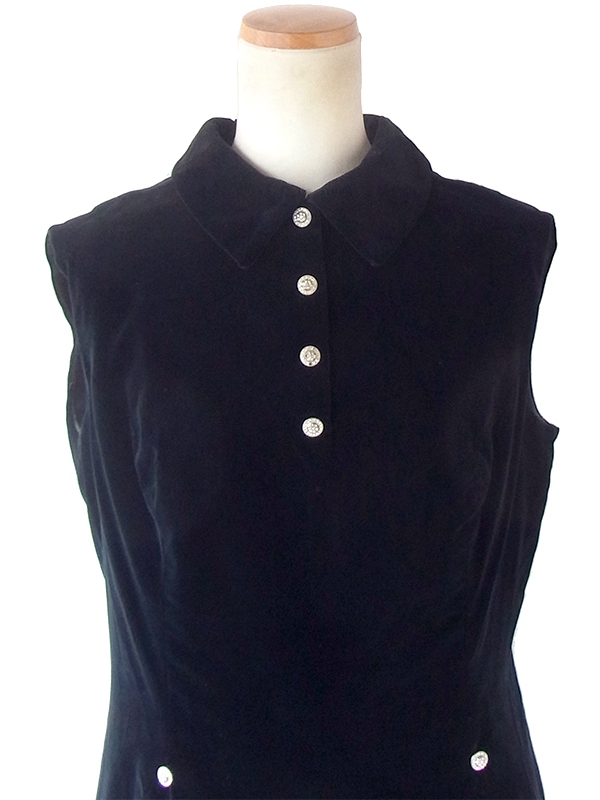 ヨーロッパ古着 フランス買い付け 60年代製 ブラック X 光沢のあるベロア生地 ドレス 20FC708