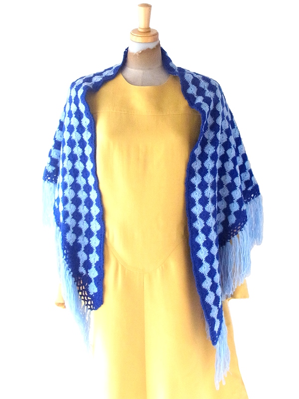 【ヨーロッパ古着】フランス買い付け 60年代製 水色 X ブルー フリンジ付き ウール ニット ショール 20FC723【おとなかわいい】
