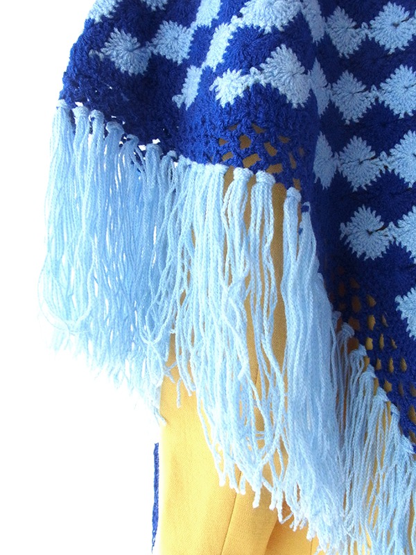 【ヨーロッパ古着】フランス買い付け 60年代製 水色 X ブルー フリンジ付き ウール ニット ショール 20FC723【おとなかわいい】