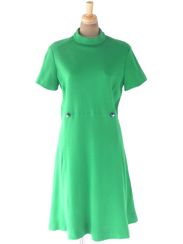 ヨーロッパ古着 ロンドン買い付け 60年代製 グリーン X ファネルネック 飾りボタン・ポケット付き ワンピース 20OM016