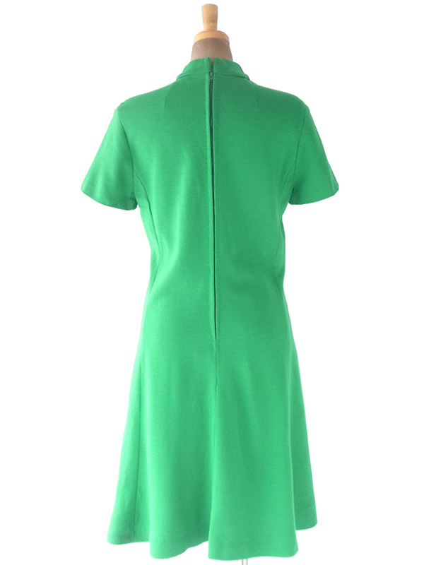 ヨーロッパ古着 ロンドン買い付け 60年代製 グリーン X ファネルネック 飾りボタン・ポケット付き ワンピース 20OM016