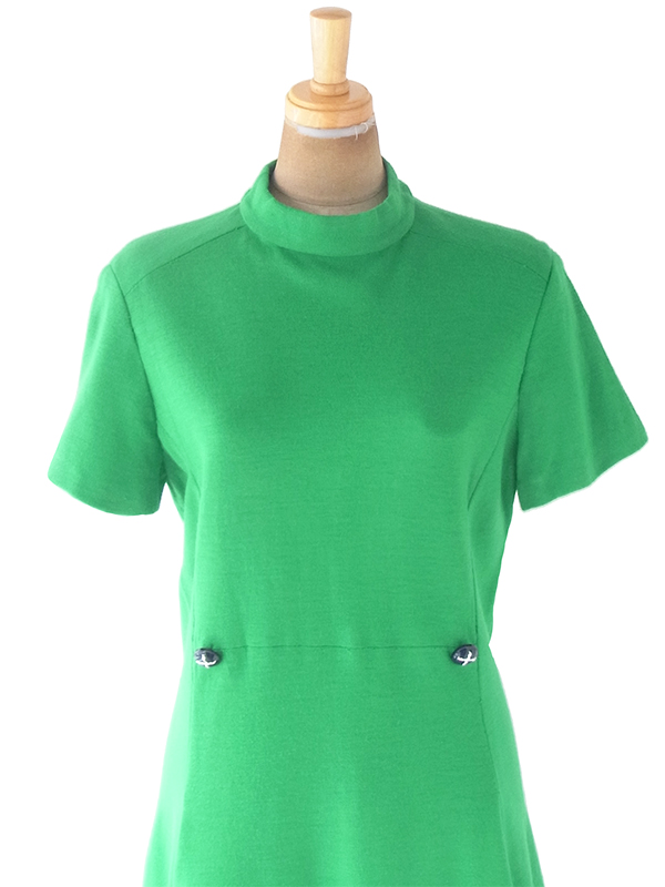 ヨーロッパ古着 ロンドン買い付け 60年代製 グリーン X ファネルネック 飾りボタン・ポケット付き ワンピース 20OM016