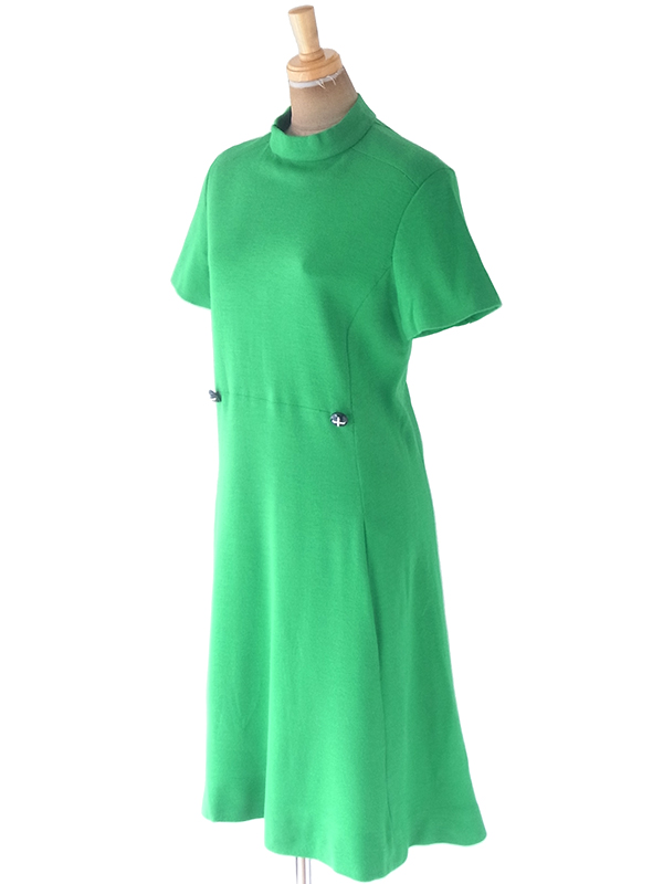 ヨーロッパ古着 ロンドン買い付け 60年代製 グリーン X ファネルネック 飾りボタン・ポケット付き ワンピース 20OM016